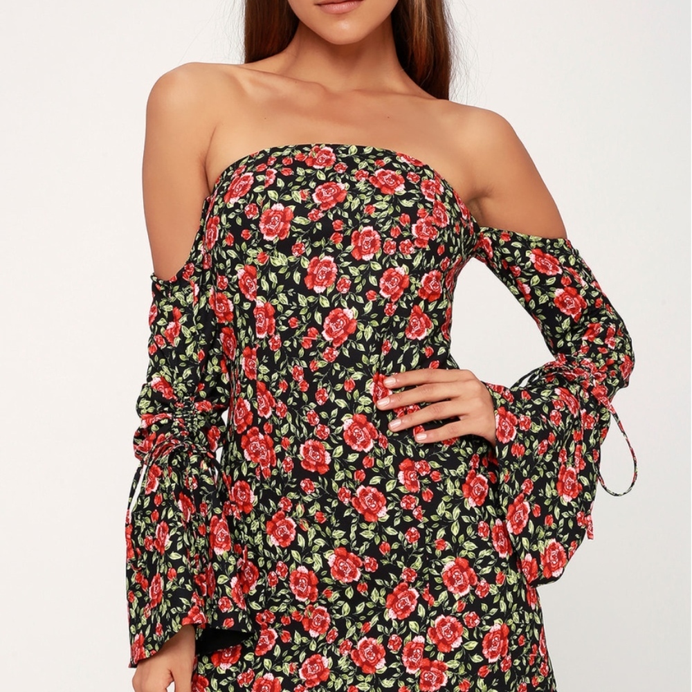 Black Floral Print Long Sleeve Off-the-Shoulder D - Picture 4 of 5